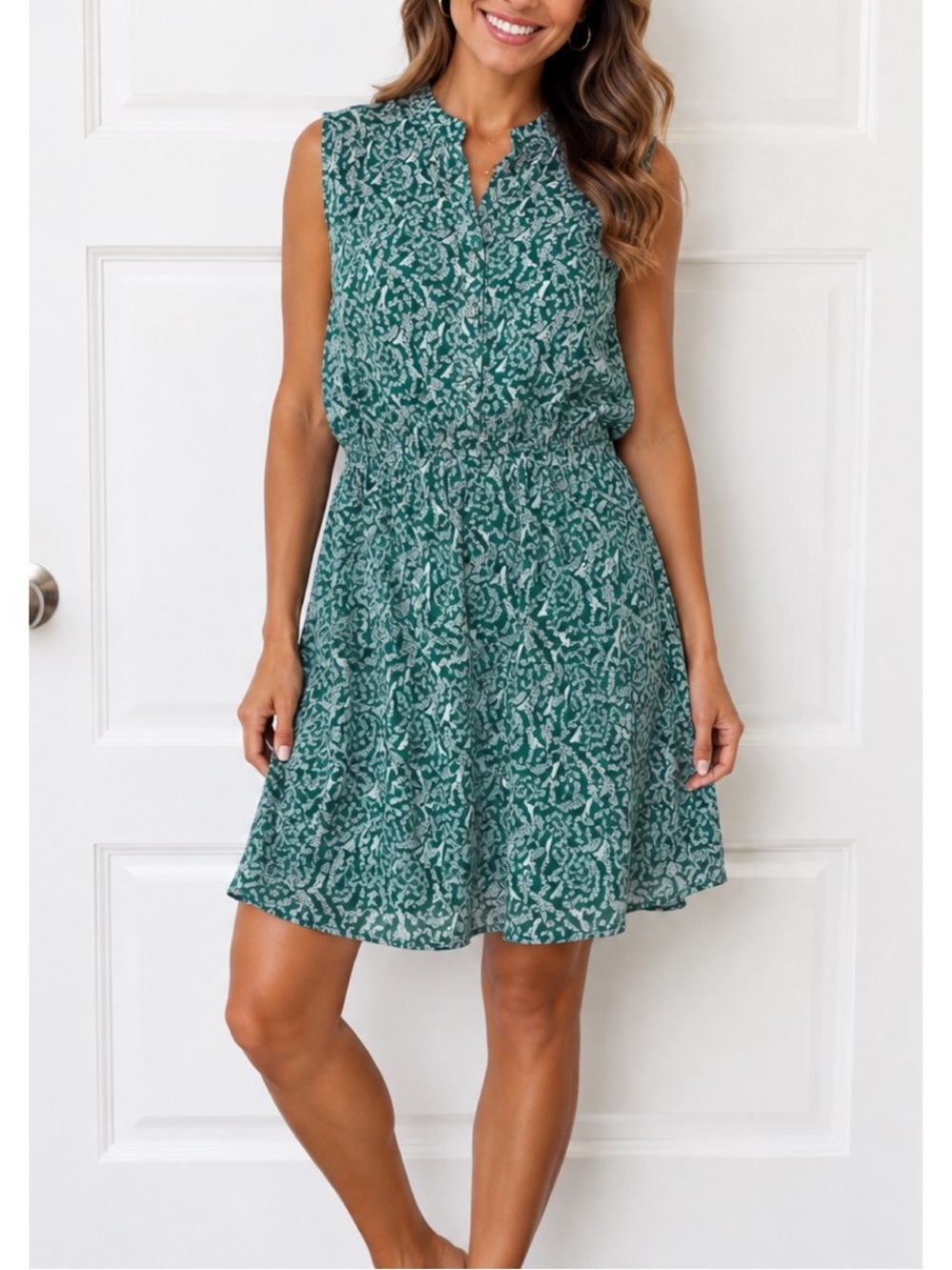Mossimo Supply Co. Green Bird Print dress w/ high, collared neck, elastic waist